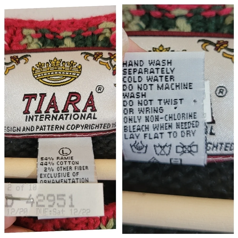 VTG TIARA 3-D Knit Ugly Sweater Cardigan Sz L Cottagecore Heavy Knit Home Trees